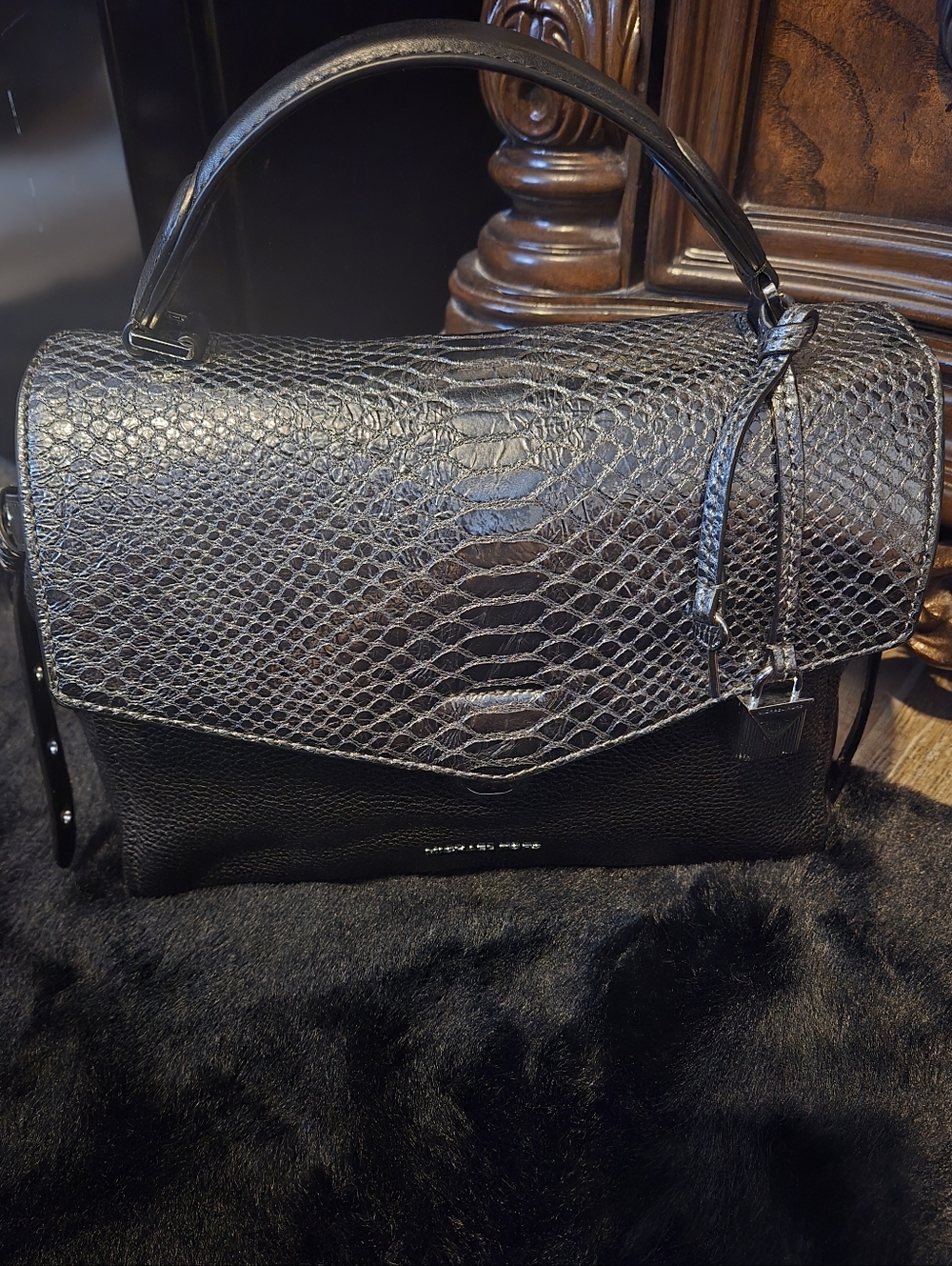 Michael Kors Black Snake-Embossed Pebbled Leather Top Handle Satchel